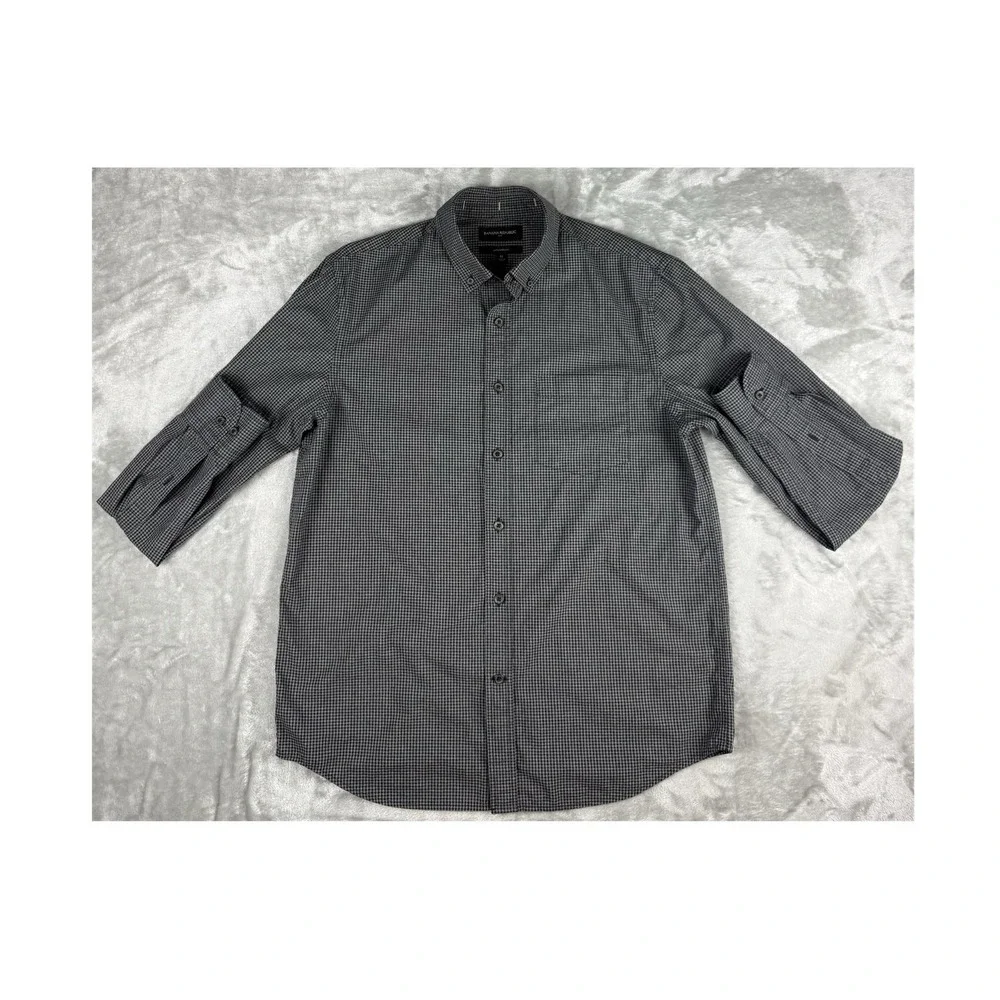 Banana Republic Untucked Fit Shirt Men Medium Gray Check Button Down Long Sleeve
